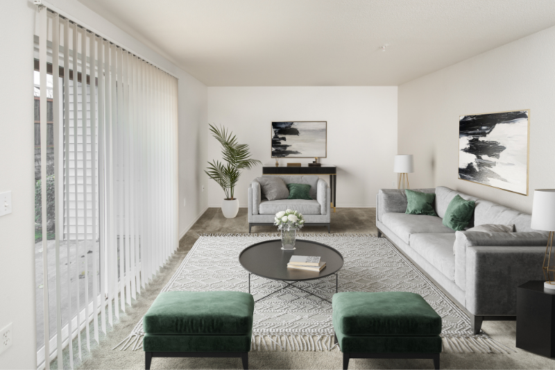 Village living room with green and gray virtual furniture
